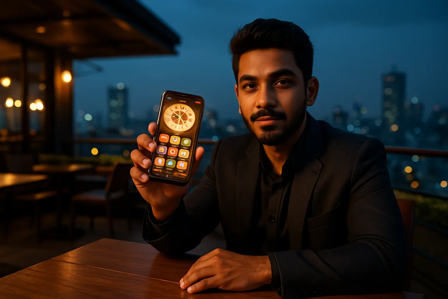 Young professional in Dhaka rooftop cafe showing smartphone casino app at blue hour