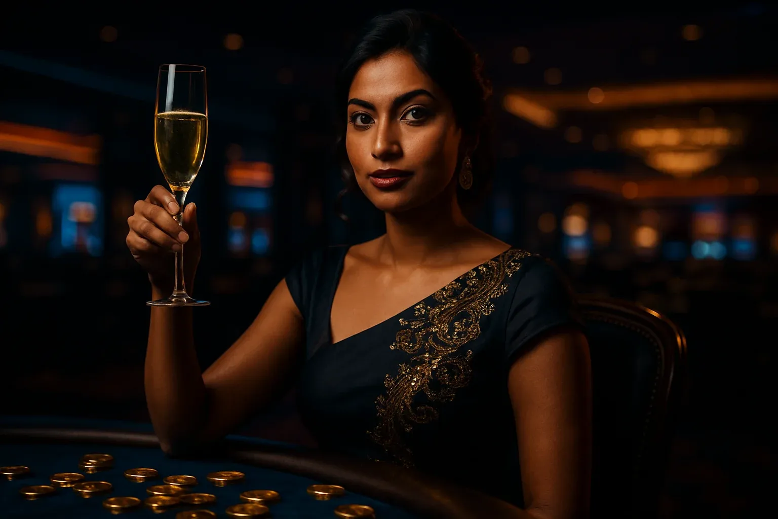 Sophisticated Bangladeshi woman toasting with champagne in luxurious VIP casino suite