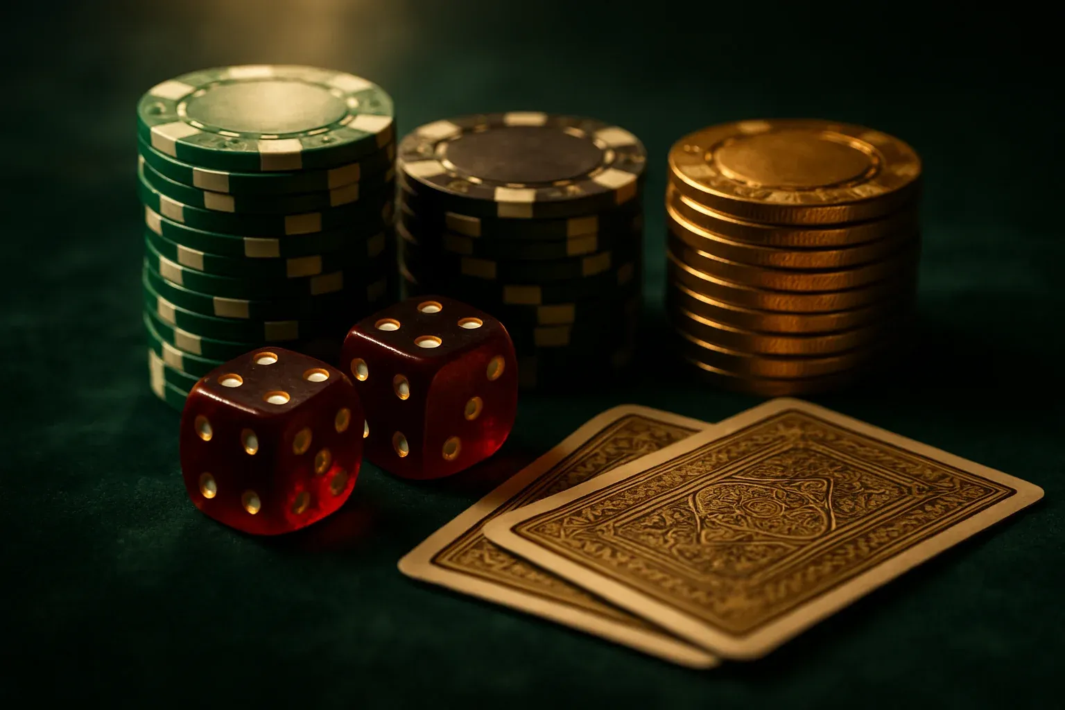 Hyperrealistic casino chips, cards, and dice on dark velvet surface