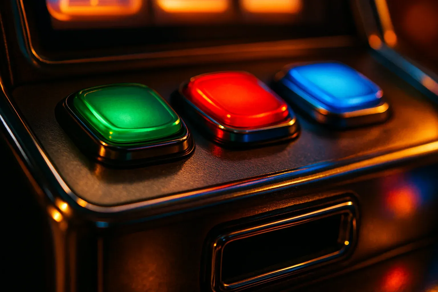 Macro photo of illuminated slot machine buttons with chrome and plastic textures